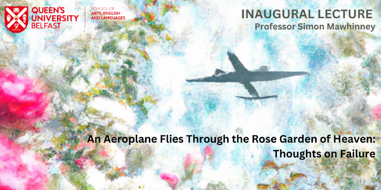 graphic of aerooplane fly through a cloudy blue sky with prink roses in the foreground